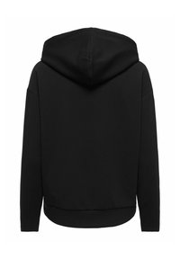 Sweat à capuche noir à manches longues, vu de dos, avec un tissu uni, lisse et une coupe décontractée.