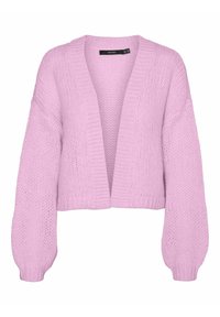 Cardigan lavorato a maglia di un delicato rosa chiaro, con scollatura a V, apertura frontale e maniche voluminose. La texture è spessa e a coste in tutto il capo.