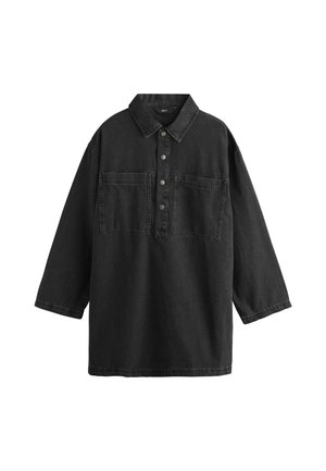Black denim shirt with long sleeves, pointed collar, front button closure, and two large chest pockets. Features a loose fit and sturdy texture.
