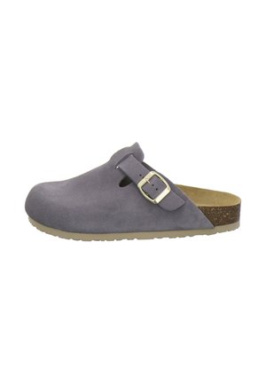 Closed-toe grey suede slip-on clog with adjustable side buckle and cork footbed on a beige rubber sole, shown from the side.