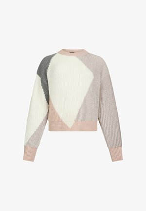Pletený svetr s diamantovým vzorem v krémové, růžové a šedé barvě. Má kulatý výstřih a spadlé ramena, s texturovaným žebrováním.