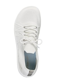 White athletic shoe with a textured knit upper, contrasting gray insole, flat laces, and a padded collar for comfort.