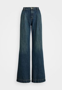 Mørkeblå vide jeans laget av denim, med høy midje, plissert front og sydd kant. Metallknapp og glidelås-lukking.