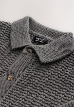 Tricou polo gri tricotat cu un model texturat. Guler pliabil și două nasturi la partea cu nasturi. Etichetă de marcă vizibilă la nivelul gâtului.