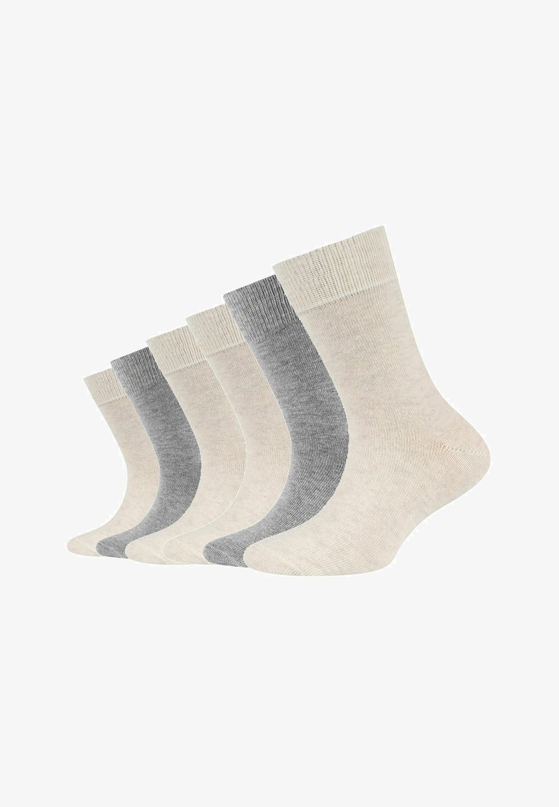 Fünf Paare Crew-Socken in hellbeigen und grauen Farbtönen, mit gerippten Bündchen, glatter Textur und klassischem Design.