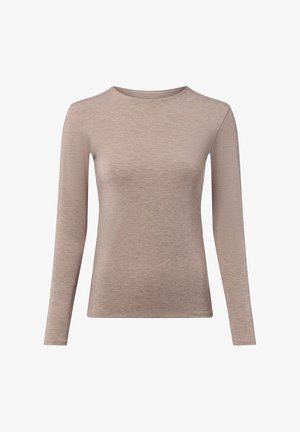 Langarmhemd in hellem Beige, aus weichem Stoff gefertigt. Verfügt über einen runden Halsausschnitt und eine enge Passform ohne auffällige Muster oder Akzente.