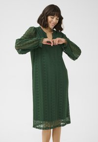 Grön spetsklänning med långa puffärmar, med ett texturerat blommönster, rund halsringning och en lös passform som går till knäna.