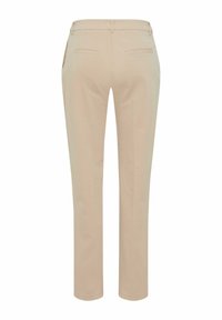 Beige bukser med lige pasform, der har en glat tekstur, to baglommer og et rent taljedesign.