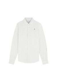 Hvid skjorte med lange ærmer, knap-down, med tynde lodrette striber og et lille mørkt kranie-logo på venstre bryst.