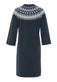 Strickkleid in dunklem Marineblau mit rundem Halsausschnitt, 3/4-Ärmeln und einem kontrastierenden, hellen, gemusterten Einsatz. Weiche Textur.