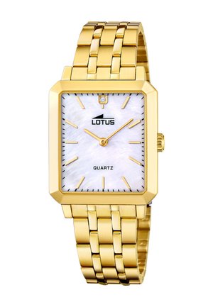 Reloj cuadrado de cuarzo dorado con una esfera de nácar blanco, marcadores de hora dorados y una pulsera de metal dorado pulido.