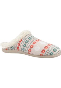 Zapatilla de tela con un suave forro de piel sintética color crema. Presenta un estampado multicolor de copos de nieve y ovejas sobre un fondo claro, con un diseño de puntera redonda.