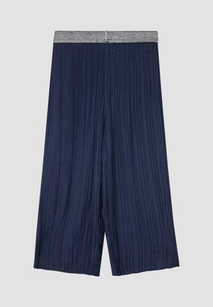 Tumesinised laia lõikega volditud püksid läikiva hõbedase vöökohaga. Valmistatud kerge kangaga, millel on vertikaalne tekstuur.