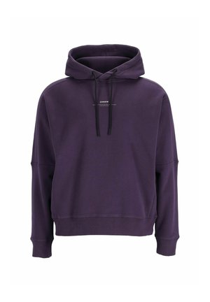 Sudadera morada hecha de una mezcla de algodón, con capucha ajustable, puños acanalados y un pequeño logo impreso en el pecho. Textura suave.