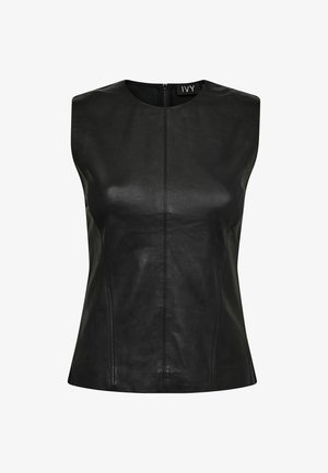 Top sans manches en cuir noir avec un col haut, fermeture éclair centrale et coupe ajustée. Présente une texture lisse et un design minimaliste.