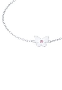 Bracciale in argento con un charm a forma di farfalla centrale decorato con un gemma rosa. Design a catena, finitura lucida, delicato e leggero.
