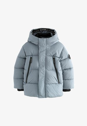 Lichtblauwe gewatteerde jas met een capuchon, voorzien van een gestructureerd verticaal voorlogo, contrasterende ritszakken en geribbelde manchetten.