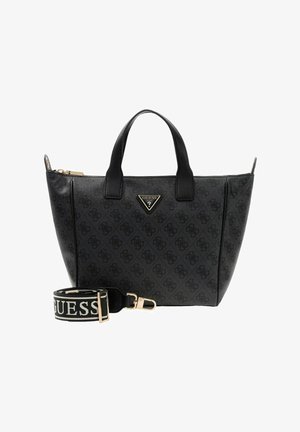 Sac fourre-tout noir en matériau synthétique texturé, avec un triangle logo doré, des poignées courtes et une bandoulière rayée amovible.