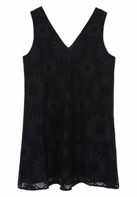 Musta ilmanhiha mekko, jossa on V-pääntie, kukkakuvioinen pitsimuotoilu, teksturoitu kuvio ja levenevä helma. Kevyt materiaali, jossa on monimutkainen yksityiskohtaisuus.