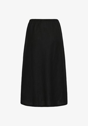 Jupe noire longueur genou avec taille élastique, en tissu léger, présentée sur fond blanc.