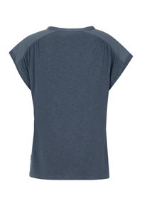 Donkerblauw t-shirt met korte mouwen en een ronde halslijn, met een gestructureerd lichaam en gladde schouderaccenten. Rechte zoom op de taille.
