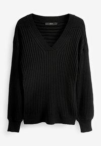 Zwarte gebreide trui met verticale ribbels, diepe V-hals, lange mouwen en een ontspannen pasvorm. Het materiaal lijkt zacht en textuur te hebben.