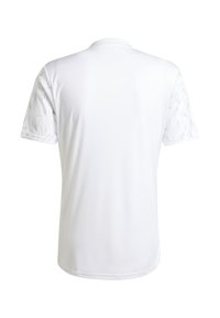 Witte sportieve t-shirt van gladde stof. Beschikt over korte mouwen met een subtiel geometrisch patroon. Klassiek ronde hals ontwerp.
