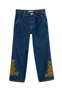 Mörkblå denimjeans med rak bendesign, prydda med gyllene broderade blommönster på nedre delen av benen. Klassisk femfickdesign.