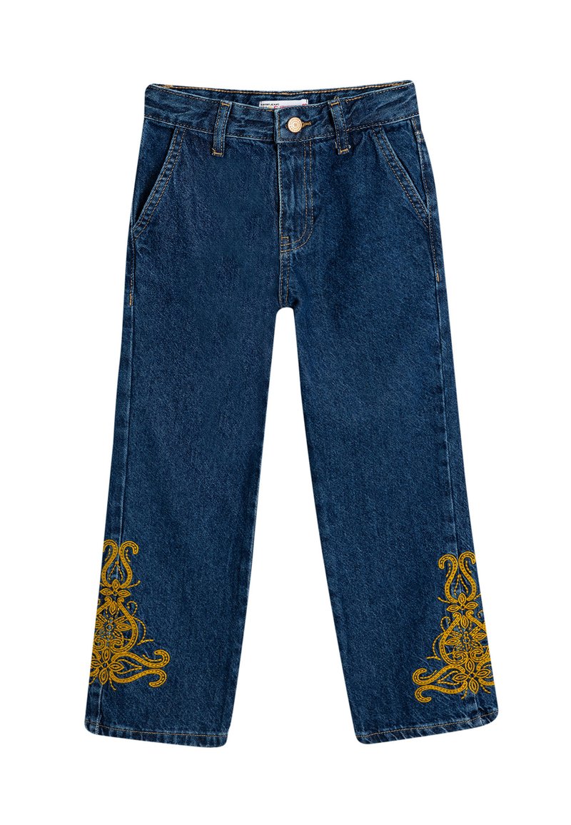 Mörkblå denimjeans med rak bendesign, prydda med gyllene broderade blommönster på nedre delen av benen. Klassisk femfickdesign.
