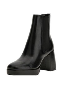 Stivaletto in pelle nera con pannelli elastici laterali, punta rotonda e tacco alto robusto, caratterizzato da una finitura liscia e una suola a piattaforma.