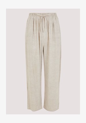 Beige linen trousers with a wide leg design, elastic waistband, and drawstring. Smooth texture with subtle slubs throughout the fabric.