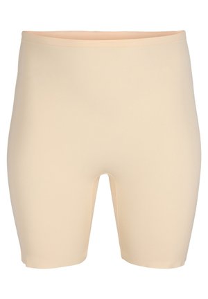 Bež kratke hlače od rastezljivog materijala, s elastičnom gumom u struku i dužinom do sredine bedra. Glatka tekstura bez vidljivih šavova ili uzoraka.