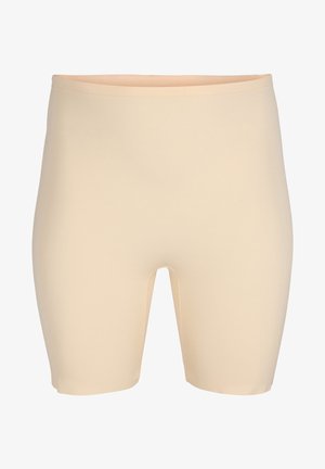 Beige shorts made of stretchy fabric, featuring an elastic waistband and a mid-thigh length. Smooth texture with no visible seams or patterns.