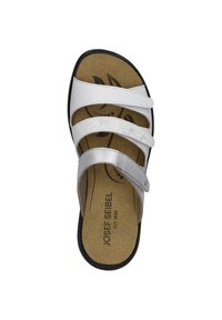 White and silver sandals with three adjustable straps, cork footbed, and black rubber sole. Features the logo "JOSEF SEIBEL" on the insole.