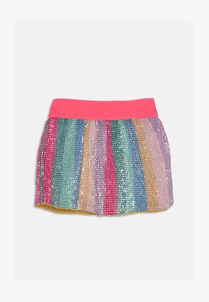 Mehrfarbiger Pailletten-Minirock mit einem pinken elastischen Bund. Besitzt vertikale Streifen in Grün, Pink, Blau, Lila und Gold.