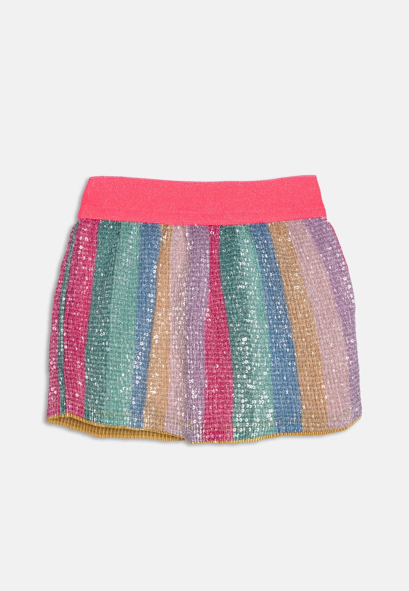 Sokszínű flitteres mini szoknya rózsaszín rugalmas derékkal. Jellemzői a zöld, rózsaszín, kék, lila és arany függőleges csíkok.
