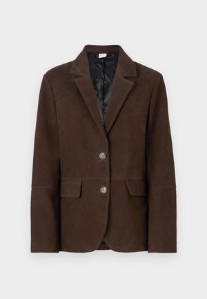 Brown suede blazer with a structured lapel, two-button closure, and front pockets. Interior lined with black fabric, smooth texture.