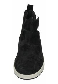 Black suede ankle boot with a rounded toe, elastic side, and a pull tab. Features a contrasting white sole and minimalistic design.