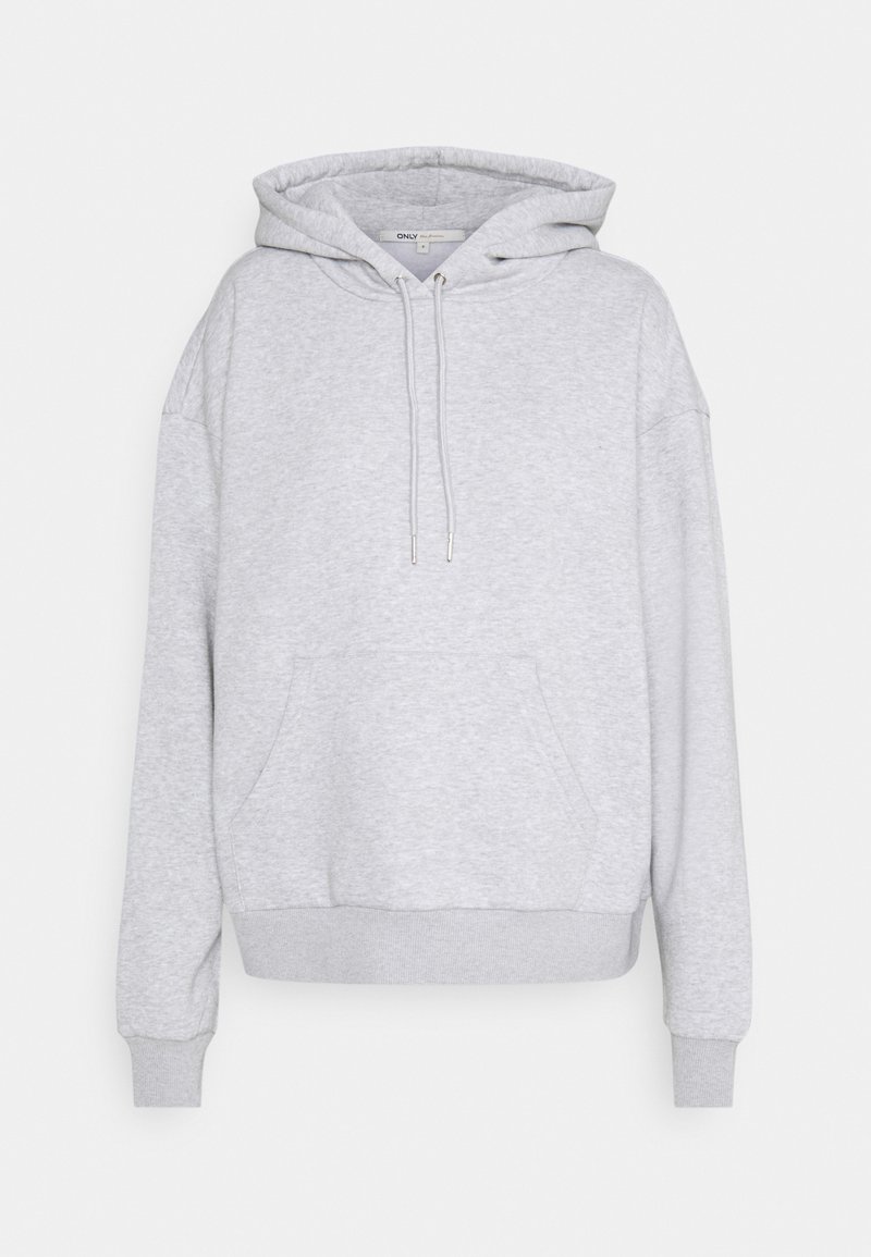 Sweat à capuche gris clair avec poche avant, capuche à cordon, poignets et ourlet côtelés sur fond uni.