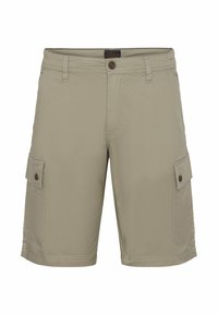 Beige cargo shorts yang terbuat dari kain ringan, dilengkapi dengan dua saku samping dengan penutup tombol, dan jahitan diperkuat di sepanjang tepi.
