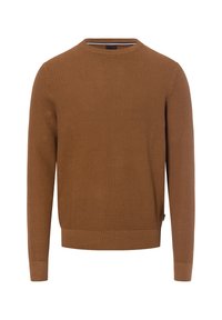 Brauner Strickpullover mit langen Ärmeln, rundem Halsausschnitt, strukturiertem Stoff und gerippten Bündchen und Saum. Besitzt ein kleines Logotag an der Seite.