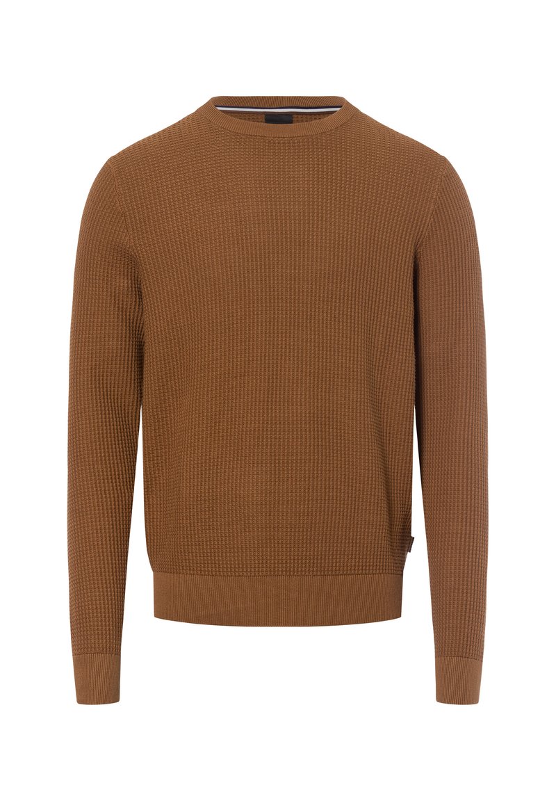 Brauner Strickpullover mit langen Ärmeln, rundem Halsausschnitt, strukturiertem Stoff und gerippten Bündchen und Saum. Besitzt ein kleines Logotag an der Seite.