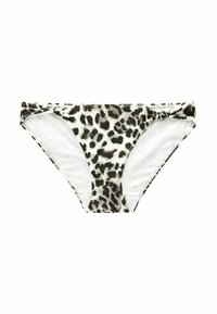 Bikini-Höschen im Leopardenmuster in Schwarz und Weiß, mit glatter Textur, niedrigem Schnitt und seitlichen Knotendetails für einen sicheren Sitz.