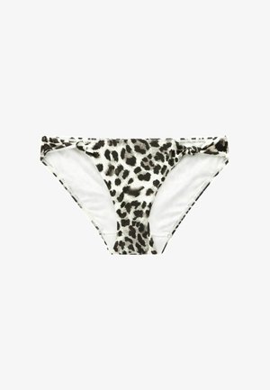 Parte inferior de bikini de estampado de leopardo en blanco y negro, que presenta una textura suave, un diseño de cintura baja y acentos de nudos laterales para un ajuste seguro.