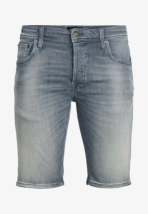 Pantalones cortos de mezclilla azul claro con una textura desgastada, presentan un diseño estándar de cinco bolsillos, cierre de botón y acentos deshilachados en el dobladillo.