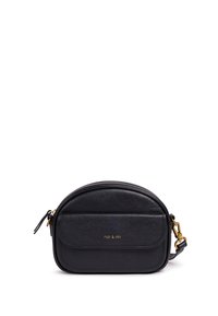 Borsa a tracolla in pelle nera con forma arrotondata, dettagli in oro e tasca frontale. Testo "nai & nin" in rilievo sul davanti.