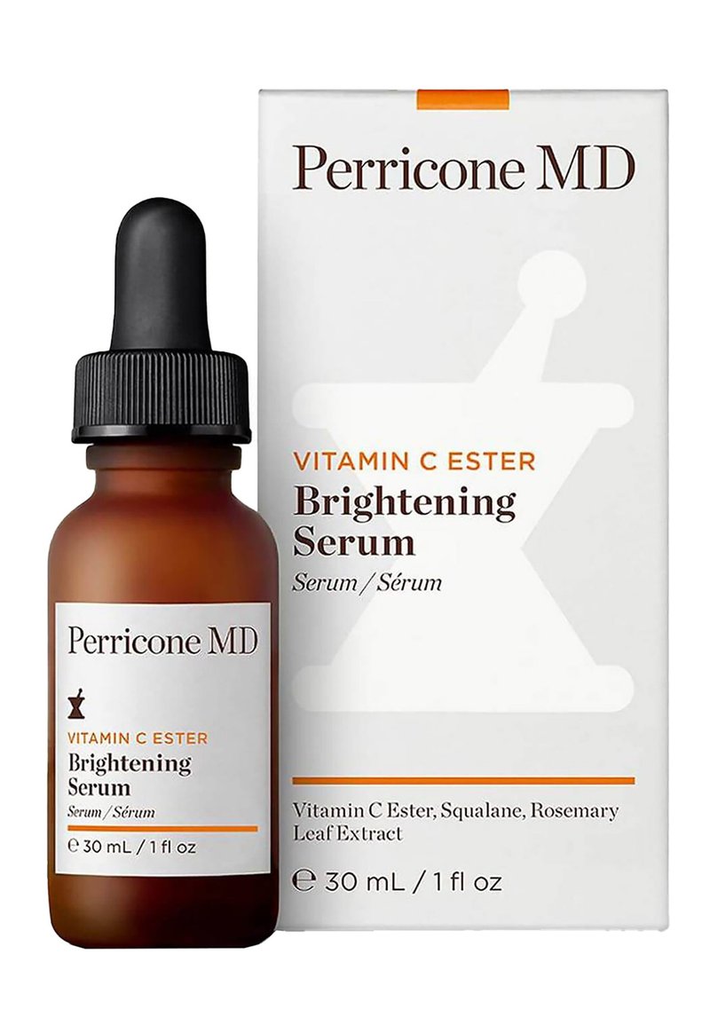Braunes Glas-Tropferfläschchen mit schwarzem Deckel, beschriftet mit "Perricone MD Vitamin C Ester Aufhellungsserum." Die Box hat einen weißen Hintergrund und orangefarbene Akzente.