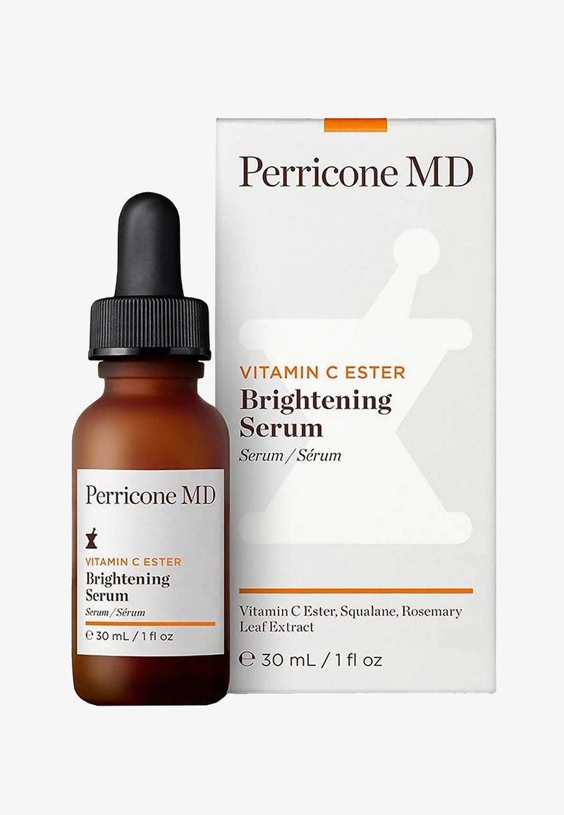 Braunes Glas-Tropferfläschchen mit schwarzem Deckel, beschriftet mit "Perricone MD Vitamin C Ester Aufhellungsserum." Die Box hat einen weißen Hintergrund und orangefarbene Akzente.