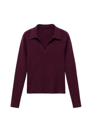 Burgundy long-sleeve pullover with a v-neck and collar, made from smooth fabric, featuring a relaxed fit and no visible patterns.
