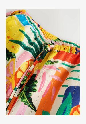 Buntes, mit Blumenmuster versehenes Stoffmaterial in Gelb-, Orange-, Pink- und Grüntönen; verfügt über einen elastischen Bund und dekorative Nähte.